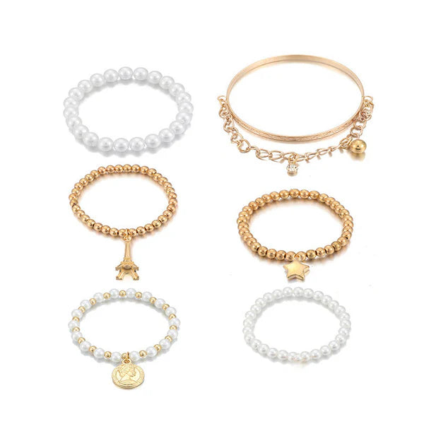 Pearl Royale – Gold Plated Pearl Studded Multistrand Korean Bracelet Pack of 6