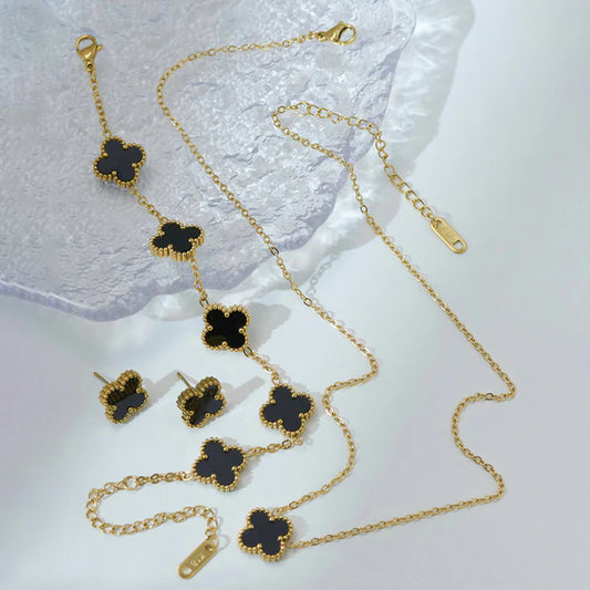 Gilded Grace Set, Vancleef Clover, Black Marble Finish, 18K Gold Plated