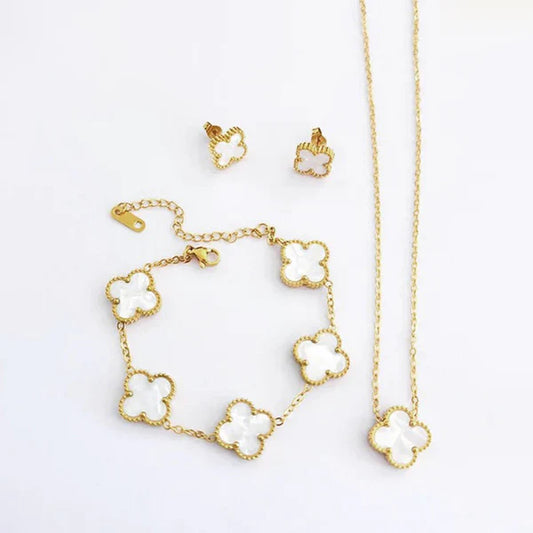 Frost Grace, Vancleef Clover, White Marble Finish, 18K Gold Plated