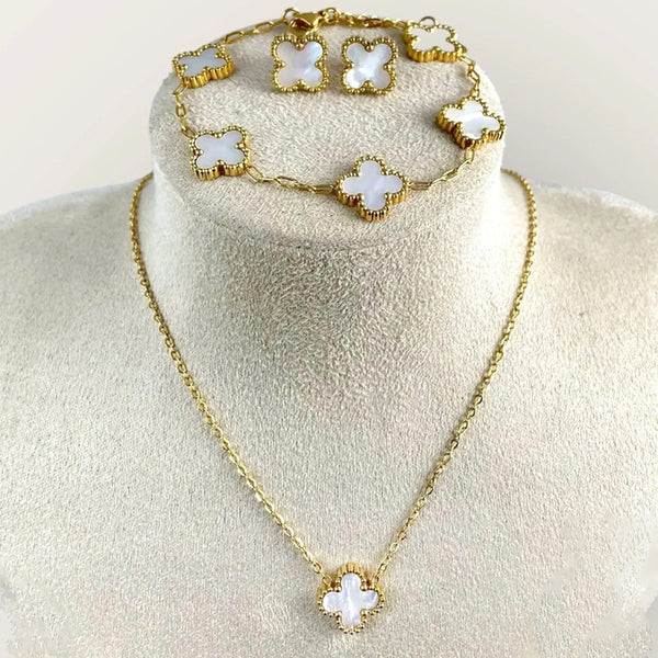 Frost Grace, Vancleef Clover, White Marble Finish, 18K Gold Plated