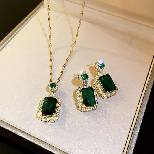 Green Gleam Set, 18K Gold Plated, Green Emerald , American Diamond