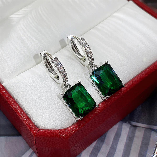 Emerald Rect– Silver Plated Anti Tarnish Green Rectangular American Diamond Studded Crushed Ice Cut Drop Earrings