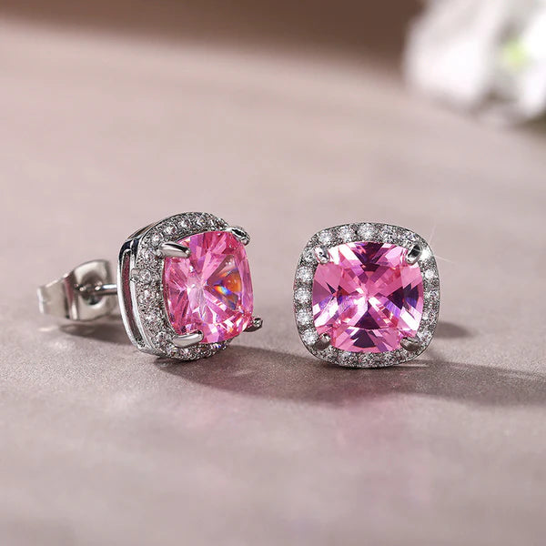 Pink Frost – Silver Plated Anti Tarnish American Diamond Studded Pink Square Crushed Ice Cut Stud Earrings