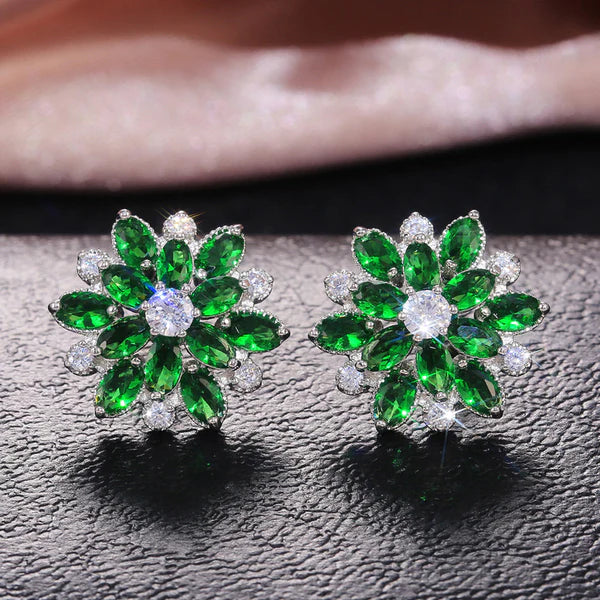 Rosabelle – Silver Plated Green Floral American Diamond Stud Earrings