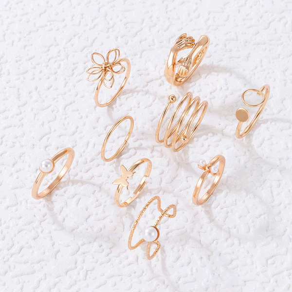 Gold plated adjustable hug-floral finger ring set of 9