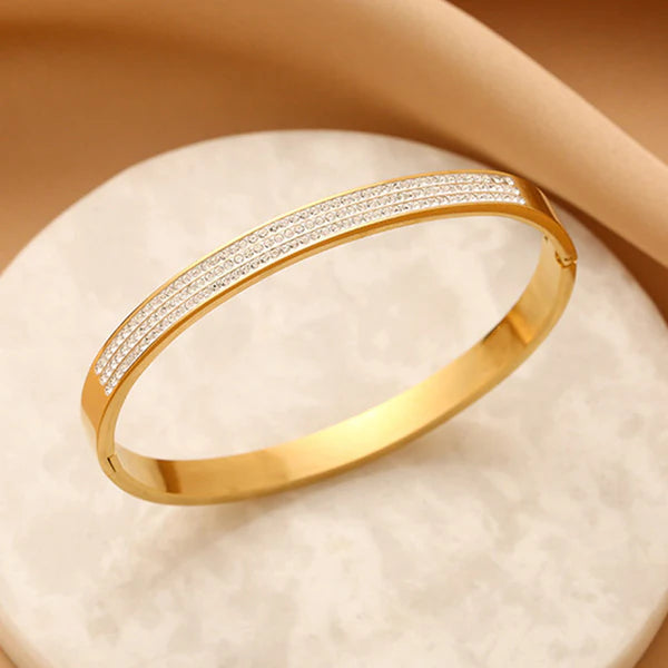 Golden Streak – Stainless Steel Gold Plated Triple Lines American Diamond Contemporary Anti Tarnish Bracelet For Women