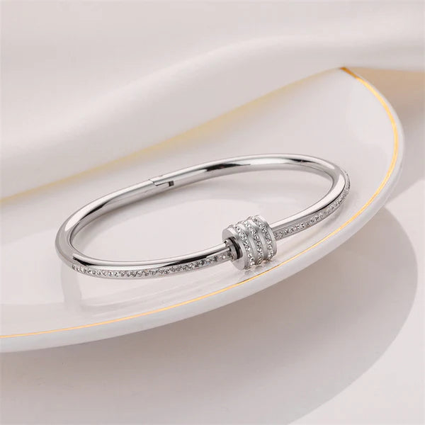 Diamond Gleam – Stainless Steel Silver Plated American Diamond Studded Bangle Style Anti Tarnish Bracelet For Women