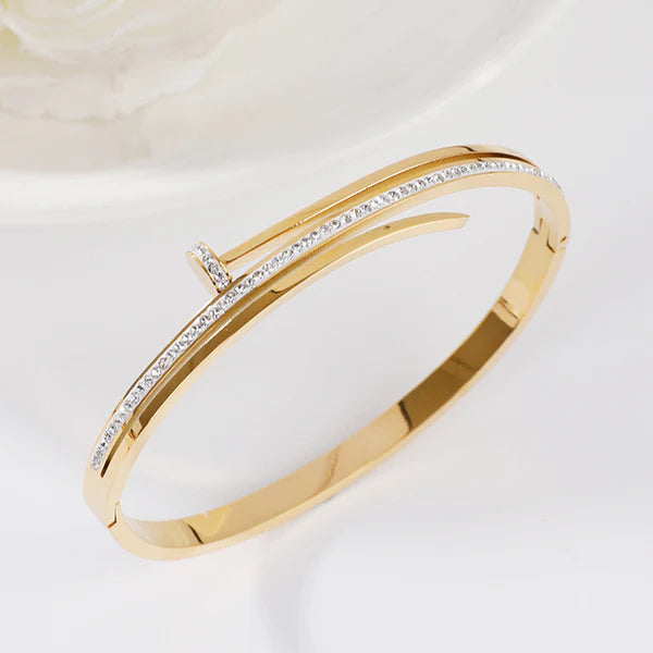 Diamond Clasp – Stainless Steel Gold Plated American Diamond Studded Nail Anti Tarnish Bracelet For Women