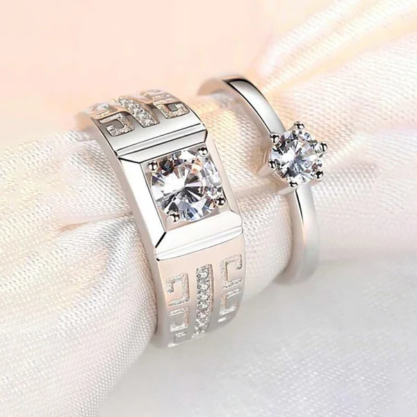 Silver plated American diamonds studded classic adjustable couple rings