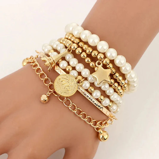Pearl Royale – Gold Plated Pearl Studded Multistrand Korean Bracelet Pack of 6
