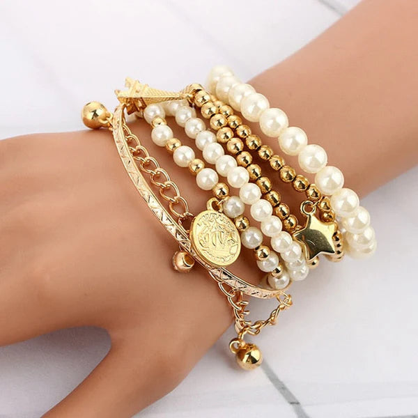 Pearl Royale – Gold Plated Pearl Studded Multistrand Korean Bracelet Pack of 6