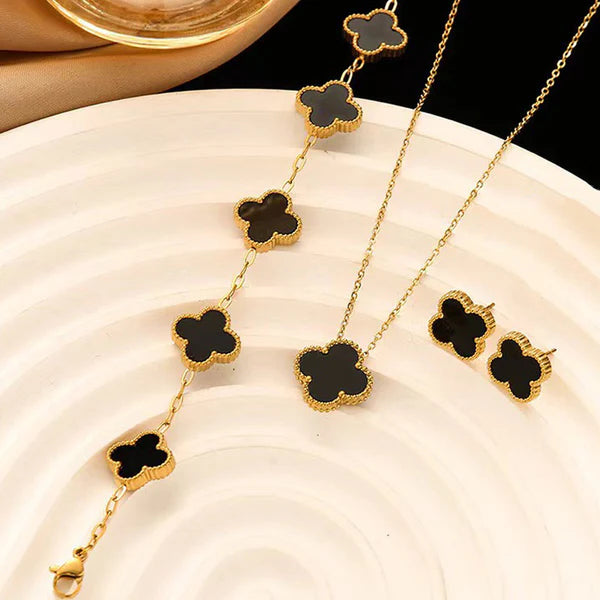 Gilded Grace Set, Vancleef Clover, Black Marble Finish, 18K Gold Plated