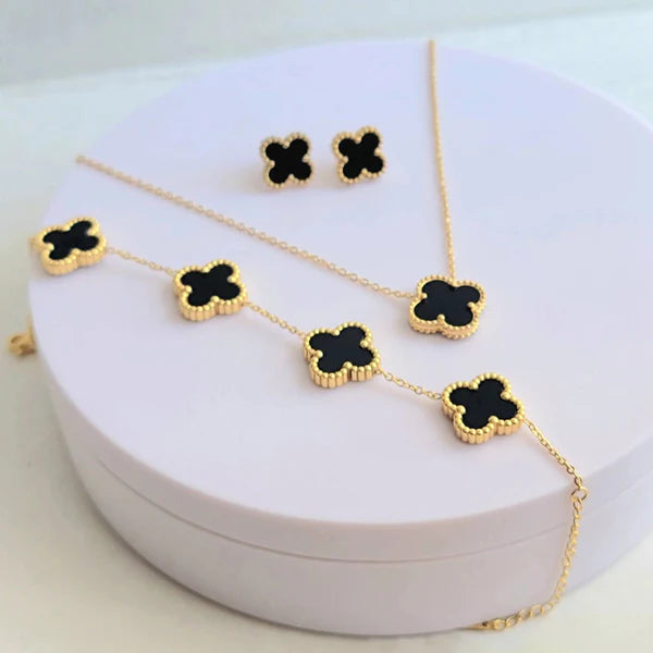 Gilded Grace Set, Vancleef Clover, Black Marble Finish, 18K Gold Plated