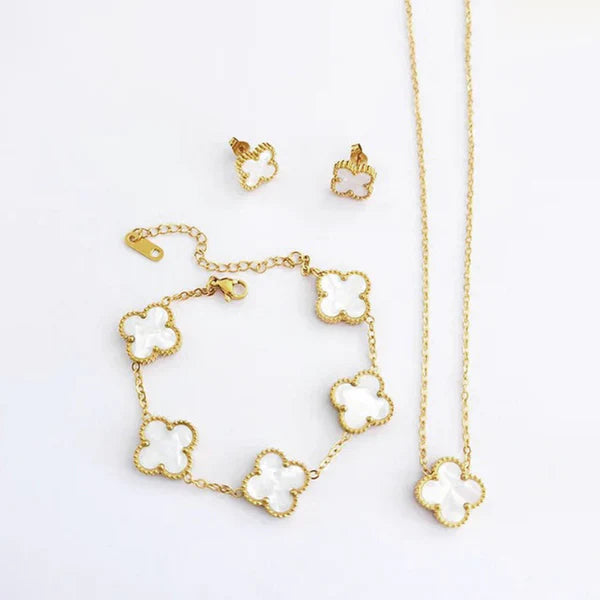 Frost Grace, Vancleef Clover, White Marble Finish, 18K Gold Plated