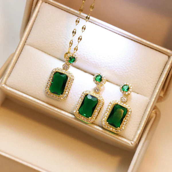 Green Gleam Set, 18K Gold Plated, Green Emerald , American Diamond