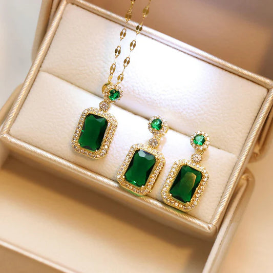 Green Gleam Set, 18K Gold Plated, Green Emerald , American Diamond