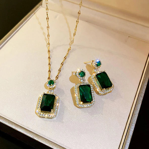 Green Gleam Set, 18K Gold Plated, Green Emerald , American Diamond