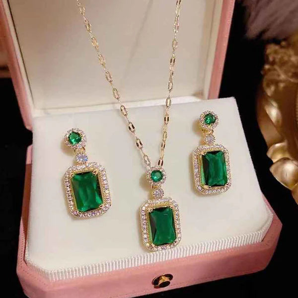 Green Gleam Set, 18K Gold Plated, Green Emerald , American Diamond