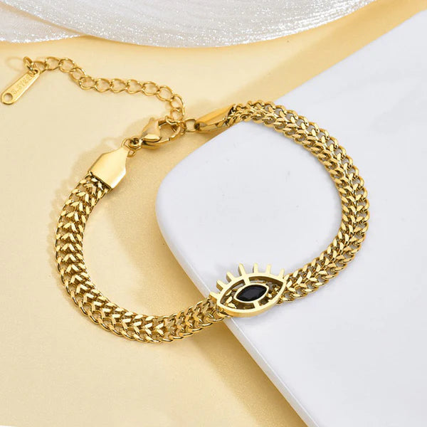 Golden Gaze – Gold Plated Stainless Steel Anti Tarnish Evil Eye Themed Wraparound Bracelet For Women