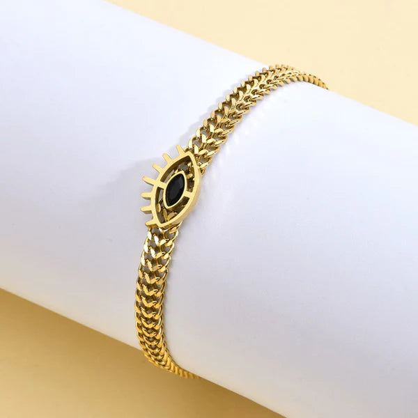 Golden Gaze – Gold Plated Stainless Steel Anti Tarnish Evil Eye Themed Wraparound Bracelet For Women