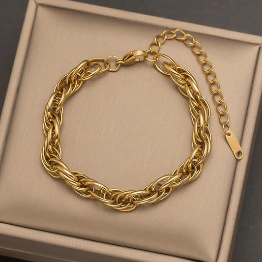 Golden Rope – Gold Plated Anti Tarnish Stainless Steel Thick Chain Rope Style Wraparound Bracelet