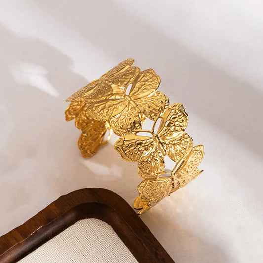 Butterfly Bloom – Gold Plated Anti Tarnish Stainless Steel Butterfly Themed Cuff Bracelet