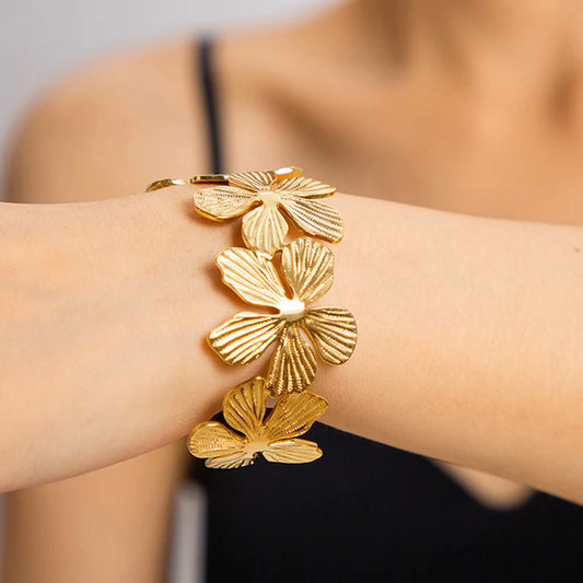 Floral Grace – Gold Plated Anti Tarnish Stainless Steel Floral Themed Cuff Bracelet