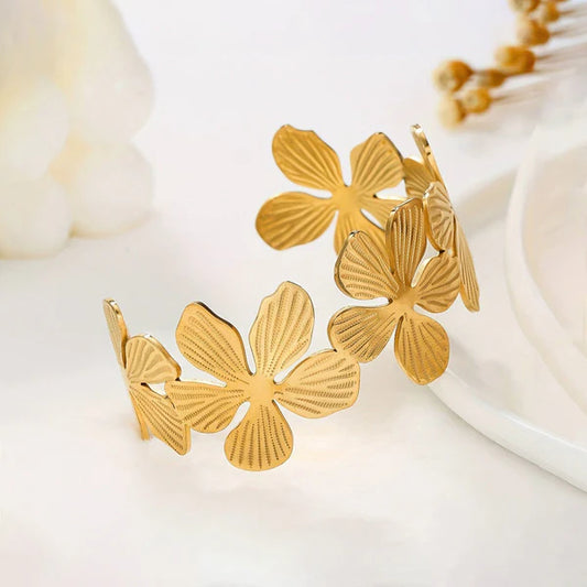 Floral Grace – Gold Plated Anti Tarnish Stainless Steel Floral Themed Cuff Bracelet