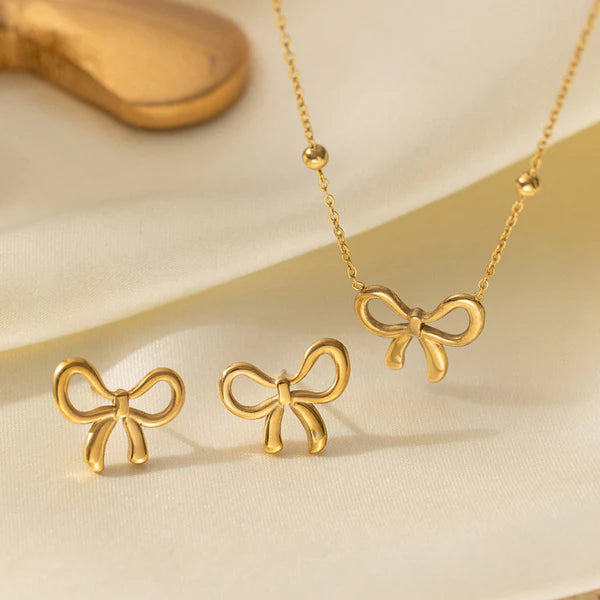 Bow Bliss, Golden Bow Earring and Pendant Set