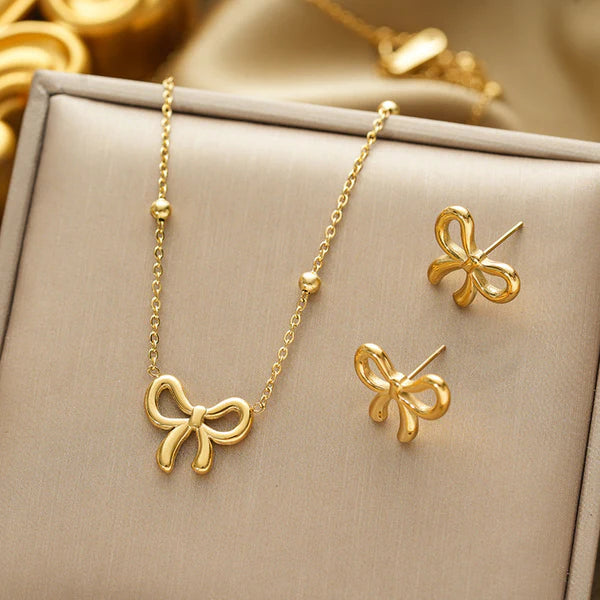 Bow Bliss, Golden Bow Earring and Pendant Set
