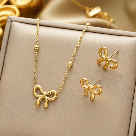 Bow Bliss, Golden Bow Earring and Pendant Set