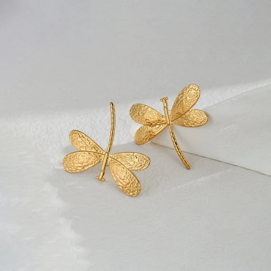 Gilded Whisper – Gold-Plated Anti-Tarnish Stainless Steel Dragonfly Stud Earrings