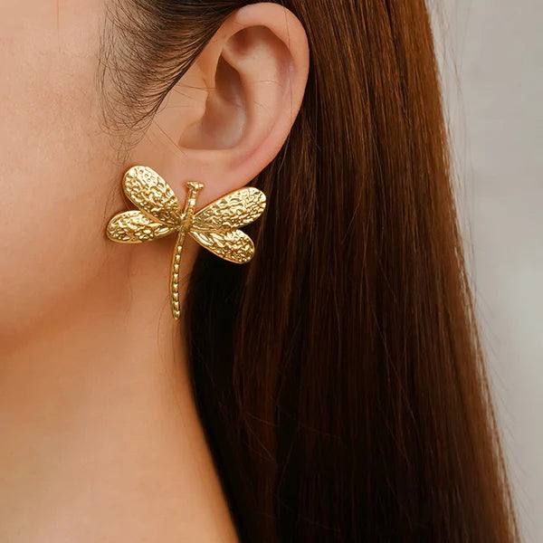 Gilded Whisper – Gold-Plated Anti-Tarnish Stainless Steel Dragonfly Stud Earrings