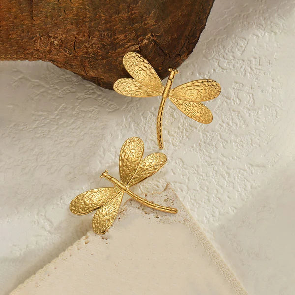 Gilded Whisper – Gold-Plated Anti-Tarnish Stainless Steel Dragonfly Stud Earrings