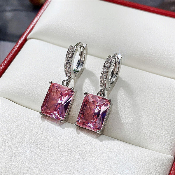 Rosy Rect – Silver Plated Anti Tarnish Pink Rectangular American Diamond Studded Crushed Ice Cut Drop Earrings