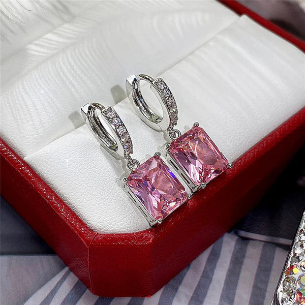 Rosy Rect – Silver Plated Anti Tarnish Pink Rectangular American Diamond Studded Crushed Ice Cut Drop Earrings