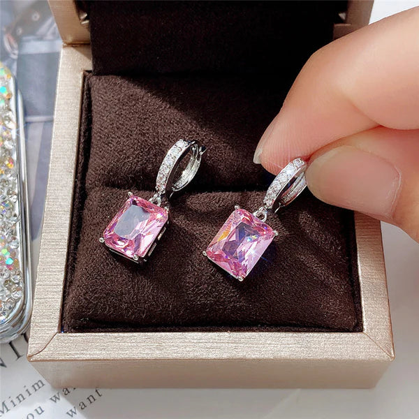 Rosy Rect – Silver Plated Anti Tarnish Pink Rectangular American Diamond Studded Crushed Ice Cut Drop Earrings