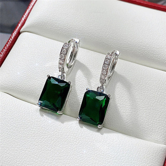Emerald Rect– Silver Plated Anti Tarnish Green Rectangular American Diamond Studded Crushed Ice Cut Drop Earrings