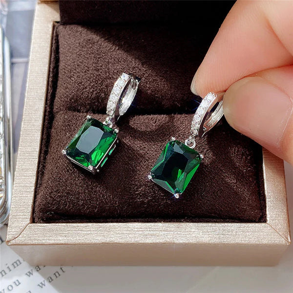 Emerald Rect– Silver Plated Anti Tarnish Green Rectangular American Diamond Studded Crushed Ice Cut Drop Earrings