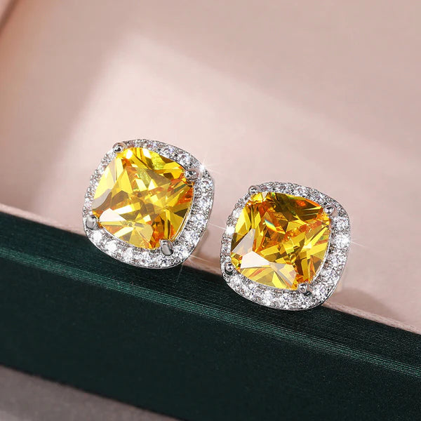 Yellow Frost – Silver Plated Anti Tarnish American Diamond Studded Yellow Square Crushed Ice Cut Stud Earrings