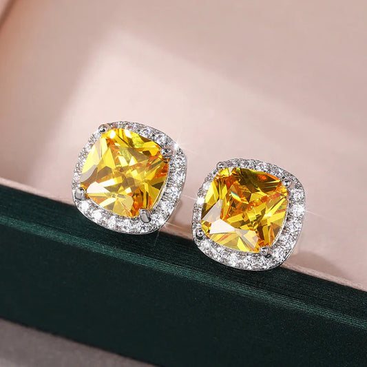Yellow Frost – Silver Plated Anti Tarnish American Diamond Studded Yellow Square Crushed Ice Cut Stud Earrings