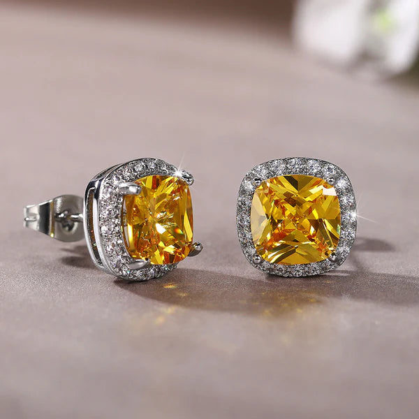 Yellow Frost – Silver Plated Anti Tarnish American Diamond Studded Yellow Square Crushed Ice Cut Stud Earrings