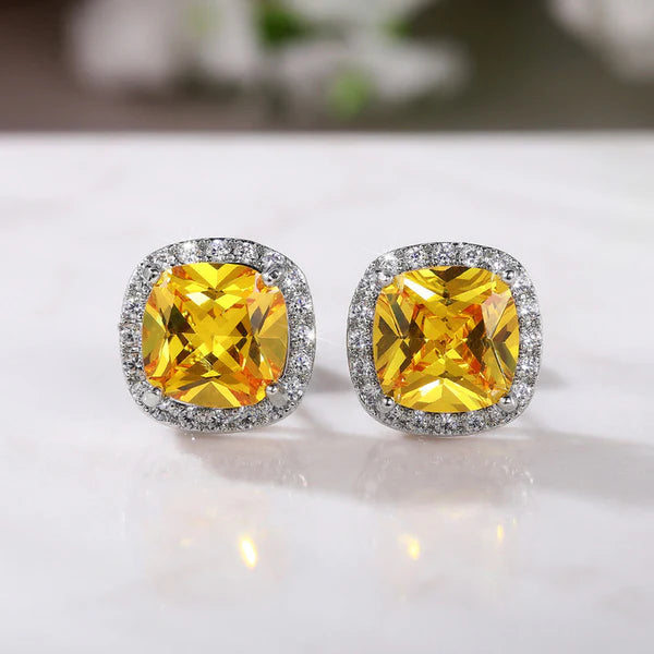 Yellow Frost – Silver Plated Anti Tarnish American Diamond Studded Yellow Square Crushed Ice Cut Stud Earrings