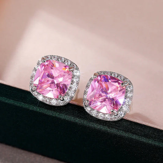 Pink Frost – Silver Plated Anti Tarnish American Diamond Studded Pink Square Crushed Ice Cut Stud Earrings