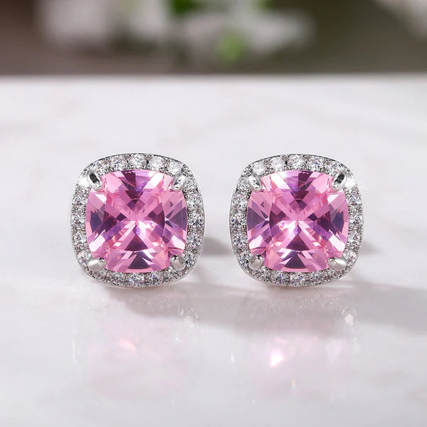 Pink Frost – Silver Plated Anti Tarnish American Diamond Studded Pink Square Crushed Ice Cut Stud Earrings