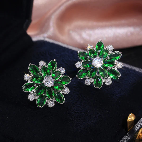 Rosabelle – Silver Plated Green Floral American Diamond Stud Earrings