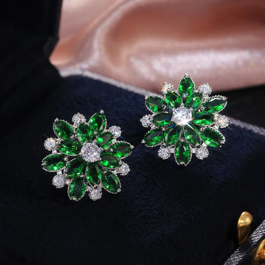 Rosabelle – Silver Plated Green Floral American Diamond Stud Earrings