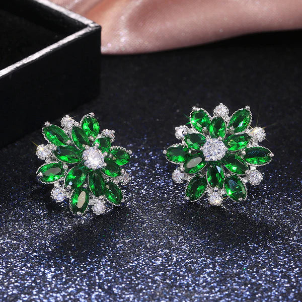 Rosabelle – Silver Plated Green Floral American Diamond Stud Earrings