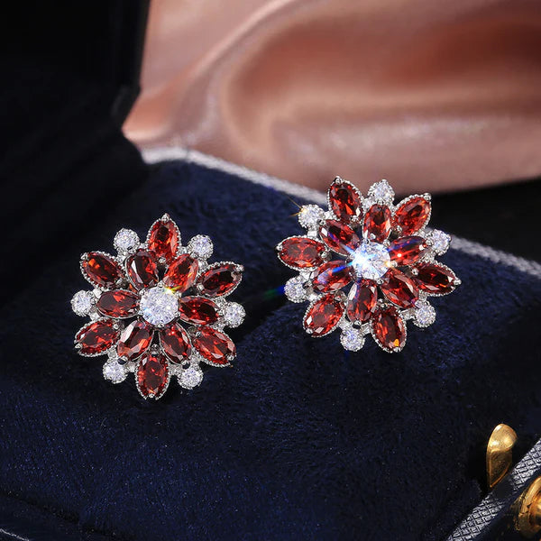 Bloomora – Silver Plated American Diamond Red Flower Studs