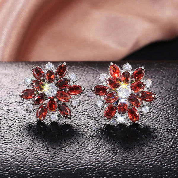 Bloomora – Silver Plated American Diamond Red Flower Studs